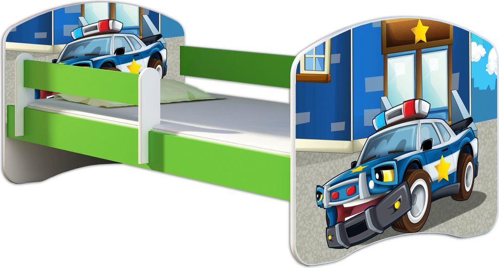 ACMA Jugendbett Kinderbett Junior-Bett Komplett-Set mit Matratze Lattenrost und Rausfallschutz Grün 38 Polizei 140x70