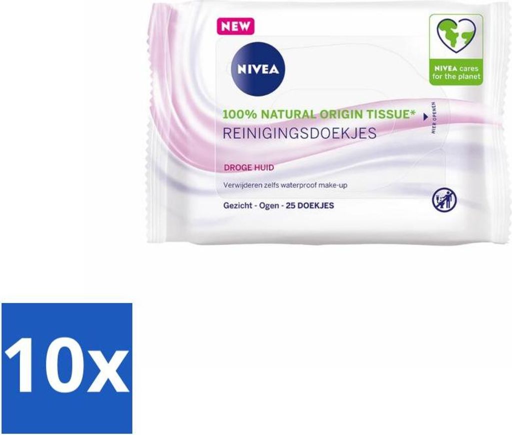 NIVEA – Reinigungstücher – Beruhigend – Trockene Haut – Entfernt wasserfestes Make-up – 25 Tücher - Vorteilspack - 10 Stücke