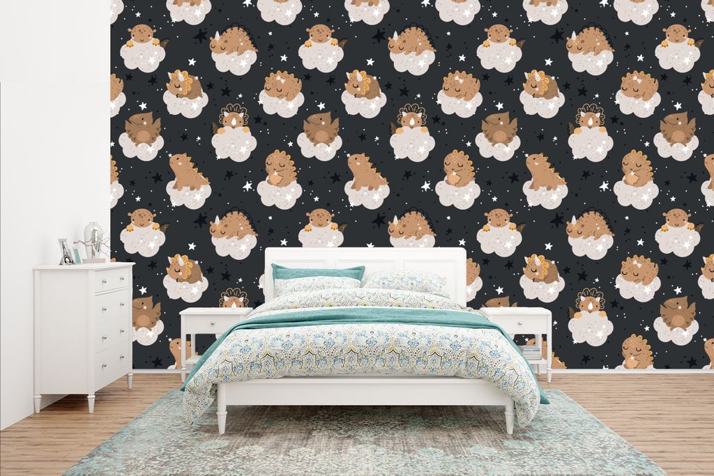 MuchoWow Fototapete für Wohnzimmer oder Schlafzimmer Wandtapete Vinyl Motivtapete Muster - Jungen - Dino - Kinder - 435x260 cm - Kinderzimmer