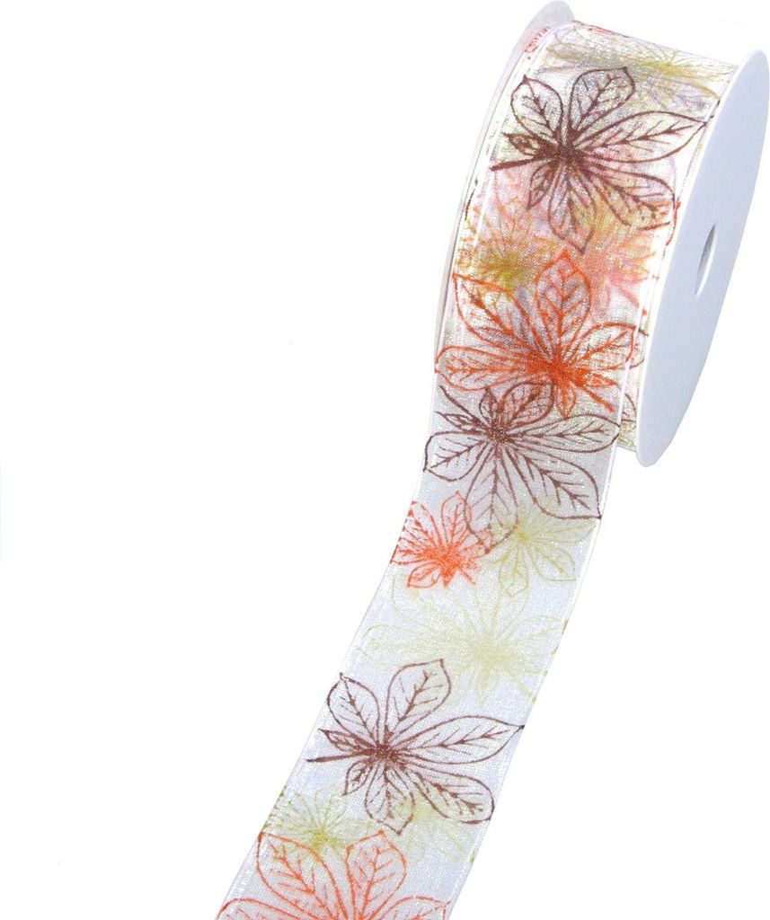 Organzaband - "Herbstblätter" - beige-braun-hellgrün - 40mm - 25m - 54160-40-25-51