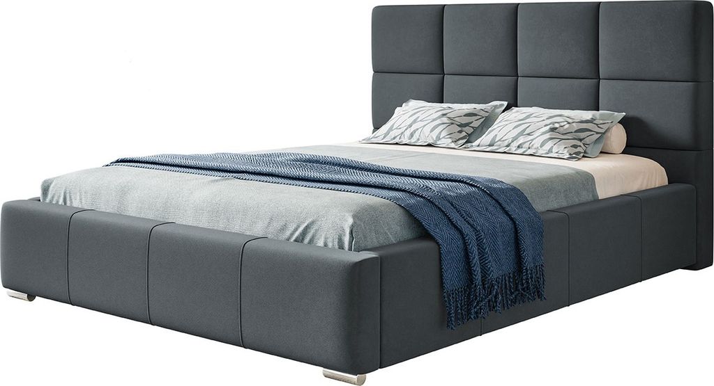 Polsterbett Rom mit Kopfteil, 140x200 cm, Doppelbett mit Bettkasten und Lattenrost aus Holz, Velourstoff, Farbe: Dunkelgrau