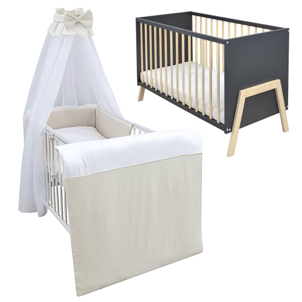 Babybett Kinderbett Gitterbett Juna 60x120 Anthrazit Schutzgitter Matratze Bettwäsche Set 10tlg Waffelpique Musselin Beige