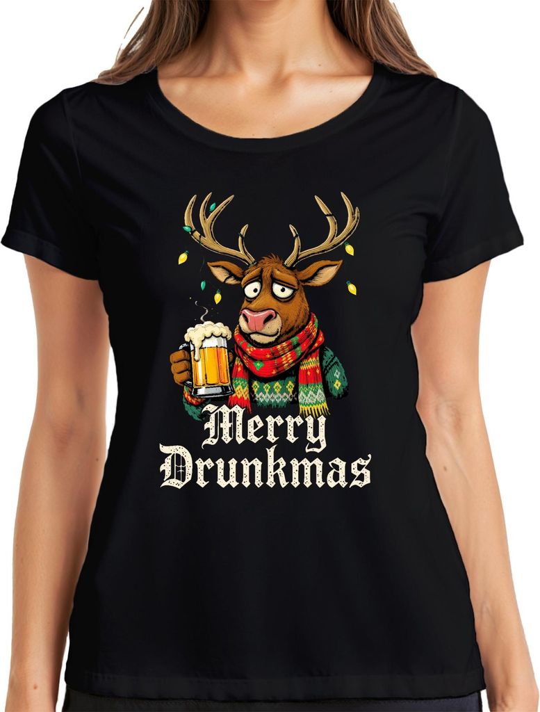 Merry Drunkmas Rentier Bier Weihnachten Lustig Geschenk Ugly Damen T-Shirt, Schwarz, L