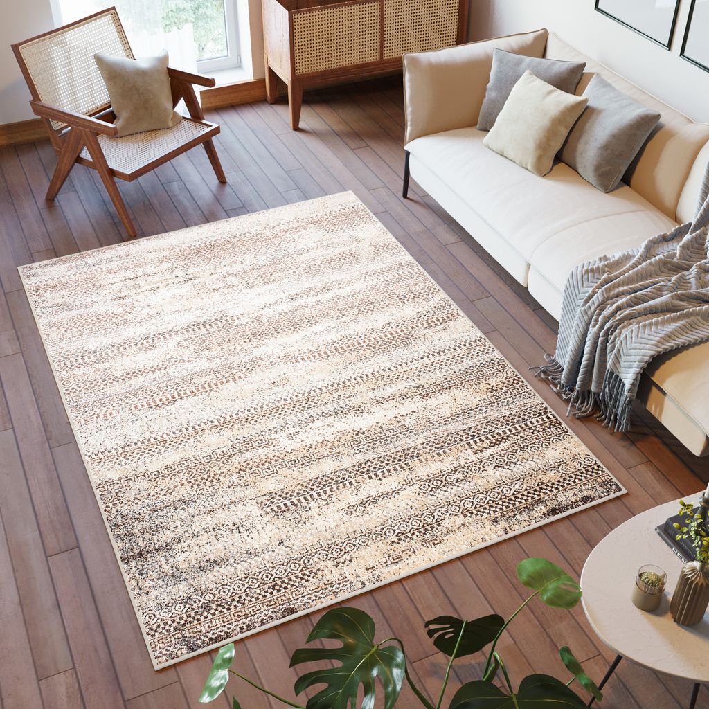 Teppich Wohnzimmer Schlafzimmer Design Abstrakt Beige Braun Meliert Kurzflor 80 x 150 cm