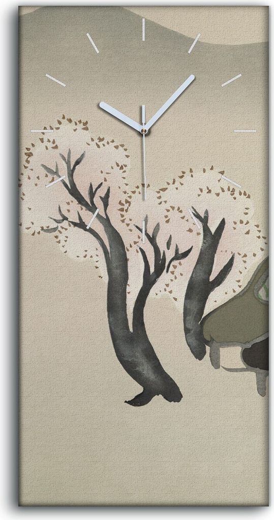 Wandkunst Leinwand Bild Uhr 30x60 Malerei Abstrakte Kunst Asiatische Dorf Bäume - weiße Hände