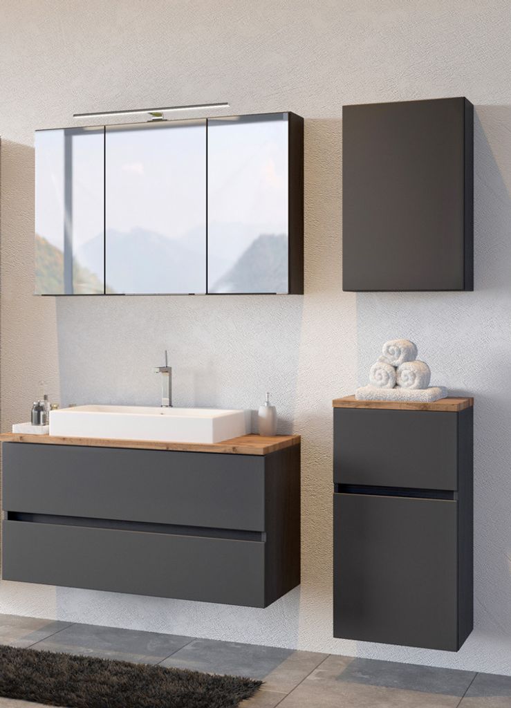 Badezimmer Set 4-tlg. PESARO-03 mit Keramik-Aufsatzbecken in matt grau mit Absetzungen in Wotaneiche Nb., B/H/T: ca. 160/200/48