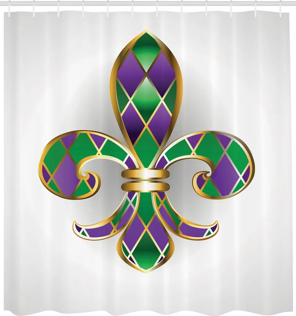 ABAKUHAUS Tenda da doccia Fleur De Lis, simbolo del giglio dorato con diamanti a forma di tema artistico antico, set decorativo per bagno in tessuto con ganci, 175x220 cm, viola verde