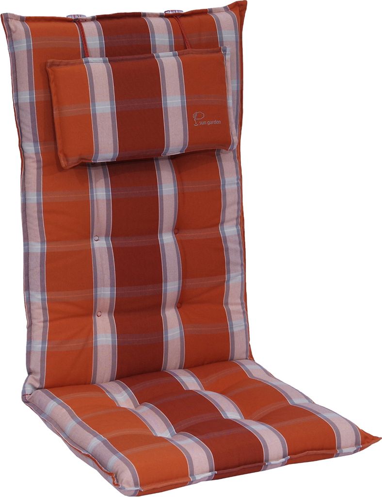 A high-back chair cushion with a plaid pattern.