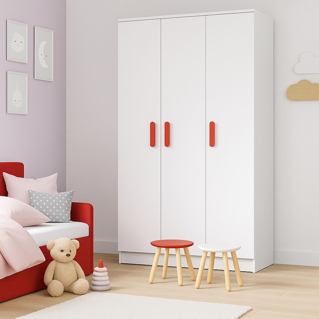 Kinder-Kleiderschrank JONAS 120 cm – Weiß/Weiß mit roten Produktbild 