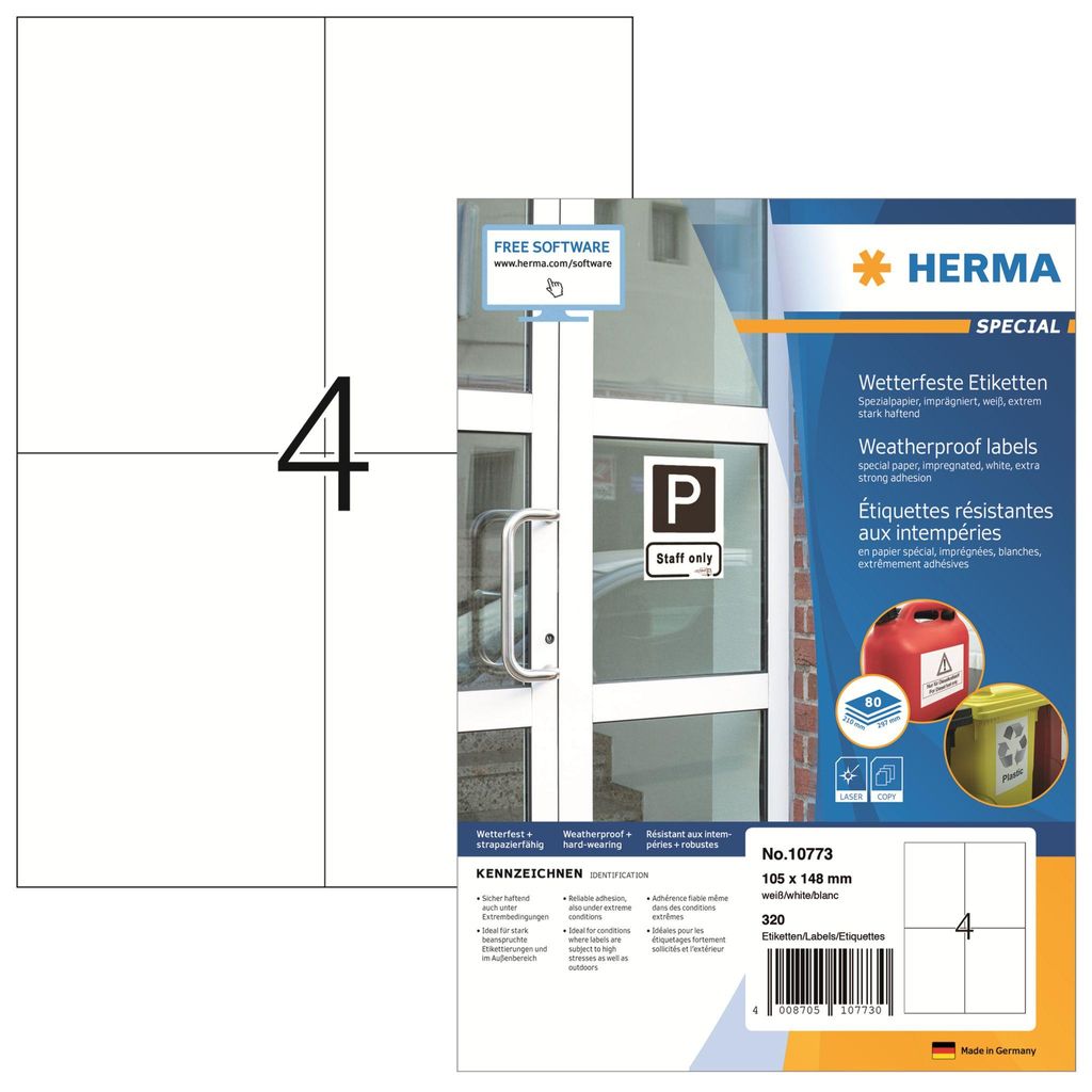 HERMA 10773, Weiß, Selbstklebendes Druckeretikett, Gestanztes Etikett, Papier, Laser, Permanent