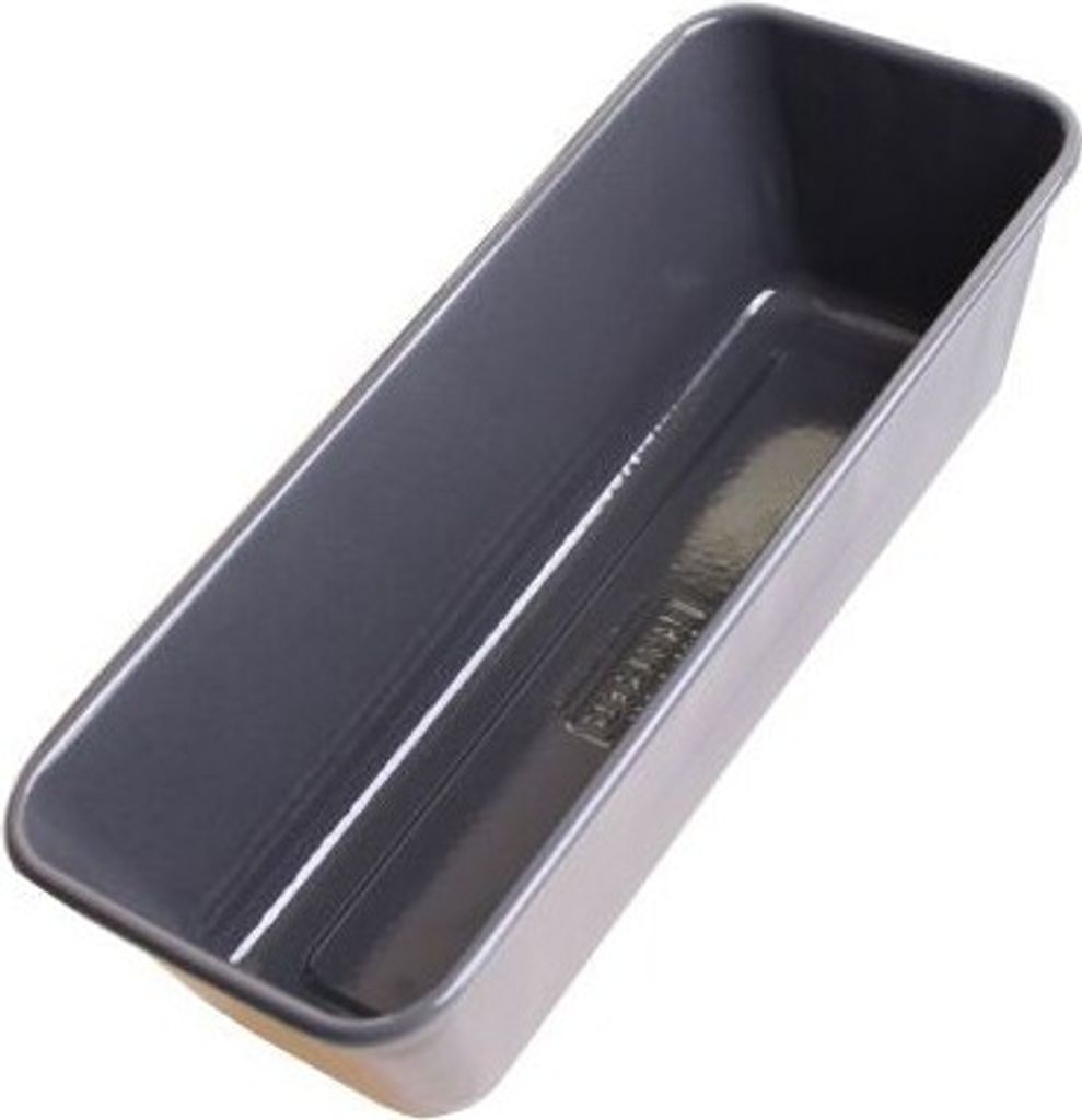 An empty loaf pan shown from a diagonal angle against a white background.