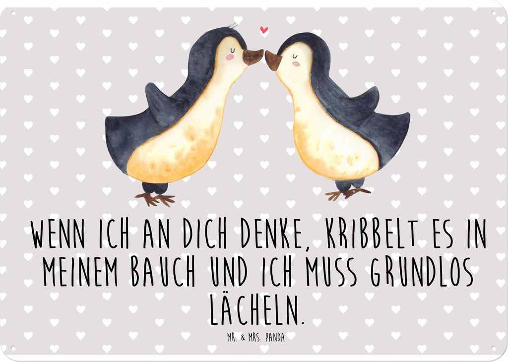 Mr. & Mrs. Panda Wandbild Pinguine Kuss DIN A4 - Grau Pastell - Geschenk, Blechschild, Jahrestag, für Partner, Frauen, Schild, Freundin, Metallsch...