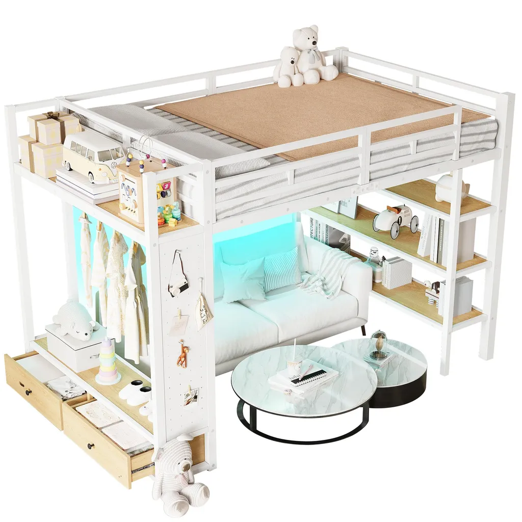 Lit superposé avec armoire et panneau perforé LED 140x200 cm blanc