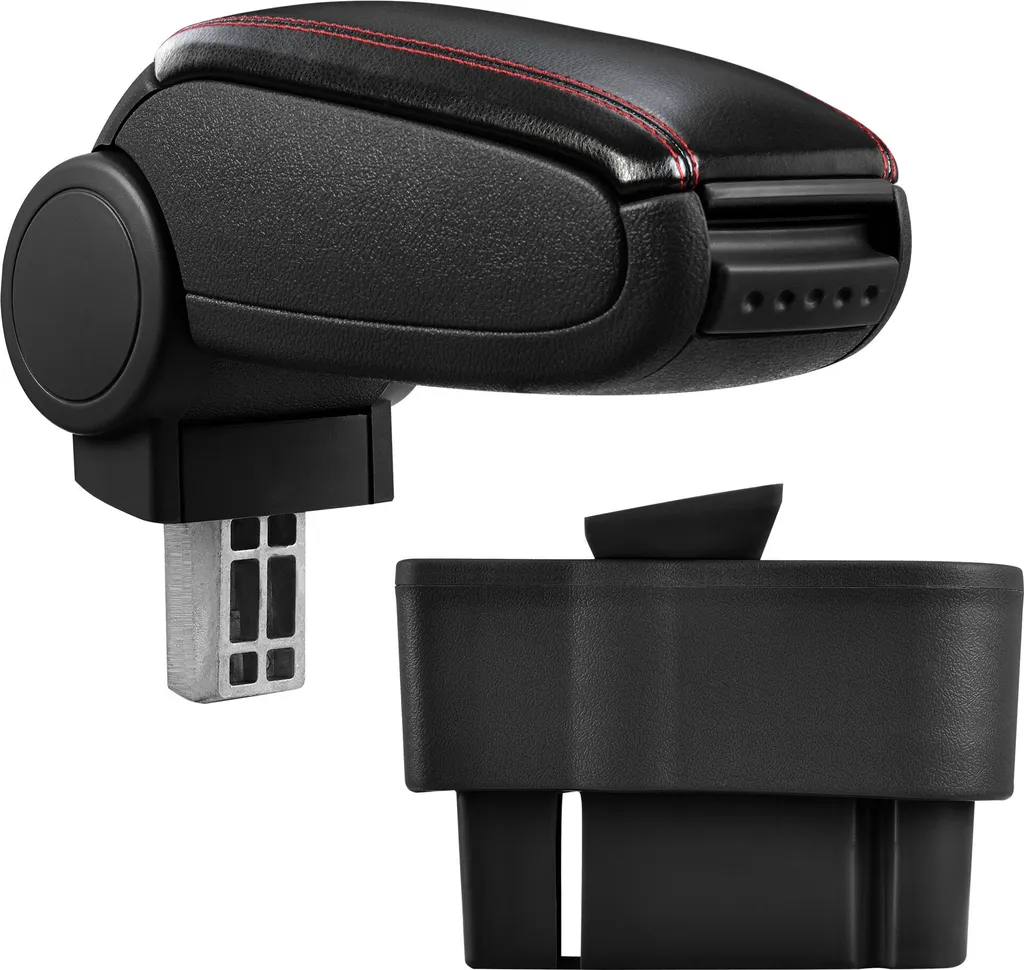 [Bracciolo centrale, perfetto per Opel Corsa D dal 2006 - bracciolo con vano portaoggetti - rivestito - pelle artificiale nera con cuciture rosse