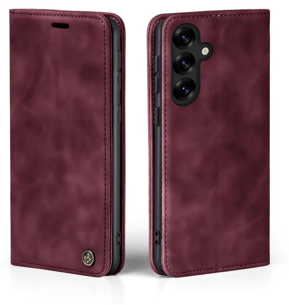 Two views of a burgundy flip phone case, one open and one closed, showing the camera cutout and stitching.