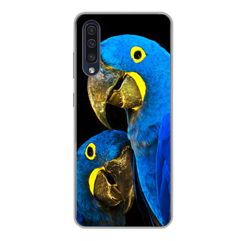 MuchoWow Handyhülle Schutzhülle Hülle für Samsung Galaxy A50 Papagei - Vogel - Federn - Blau Silikon Softcase Handy Hülle - Mobiltelefonhülle