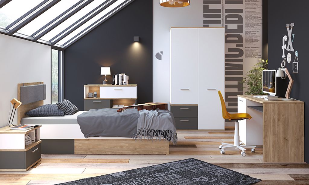 Jugendzimmer Komplett Set TOMAR-129 mit Bett 120x200cm in Eiche Nb. mit weiß und grau