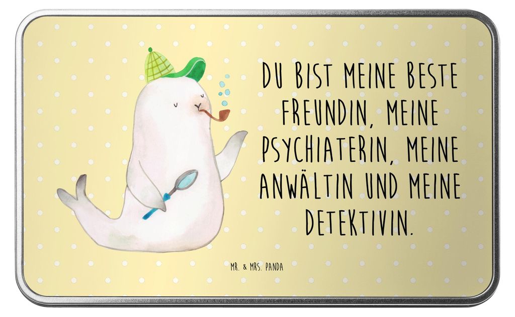 Mr. & Mrs. Panda Geschenkbox Robbe Sherlock - Gelb Pastell - Geschenk, Lustige Sprüche, Vorratsbehälter, Kaffeedose, Metalldose, Erinnerungsbox, ...