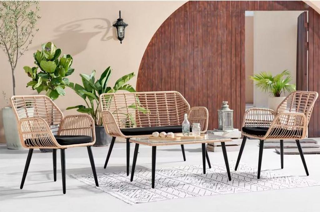 Happy Home Lounge Set 7 tlg Rattan Möbel mit Sitzkissen robust pflegeleicht Sofa Stühle und Tisch für Terrasse Balkon Garten