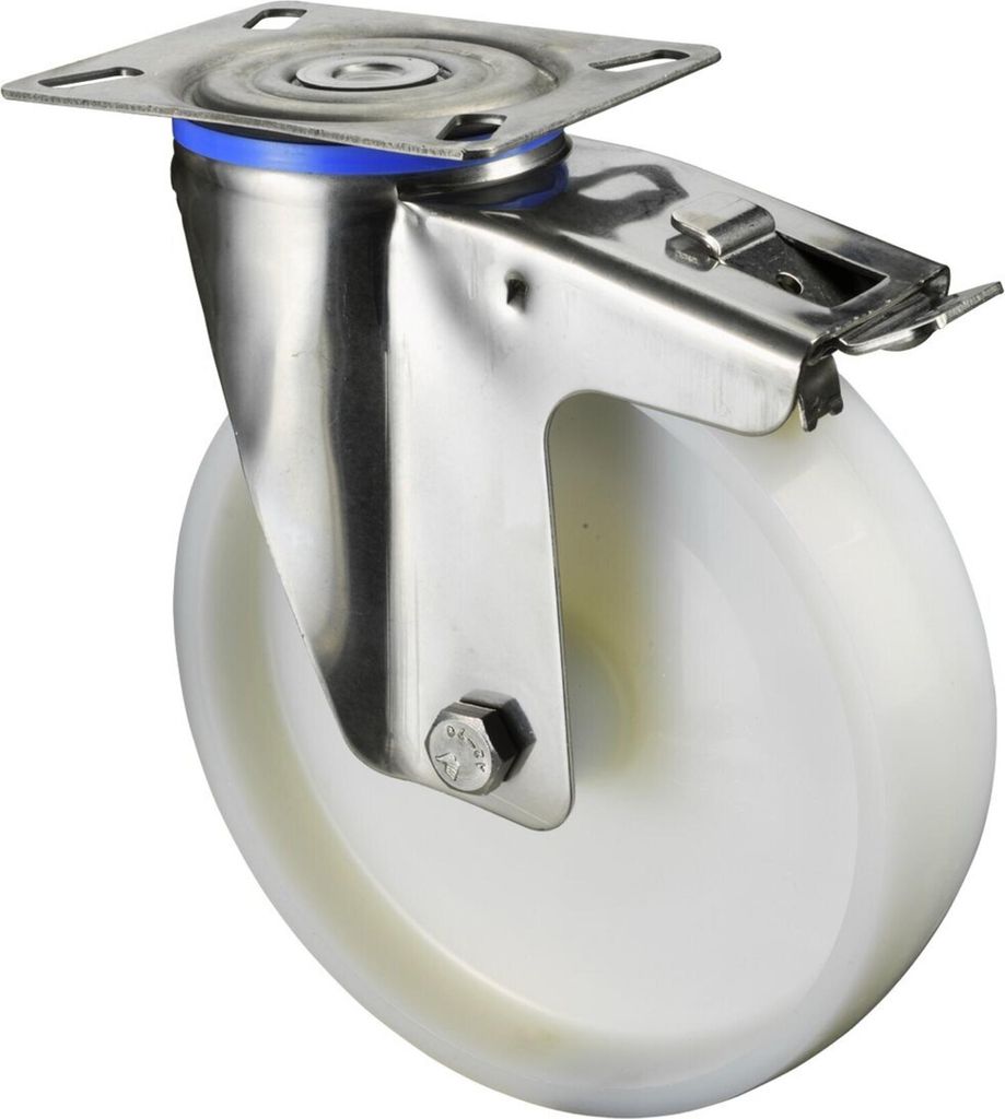 BS Rollen Lenkrolle A90 mit Totalfeststeller Durchmesser 100mm Tragfähigkeit 120kg Kunststoff-Rad weiß Platte 95x80mm - H120.A90.100