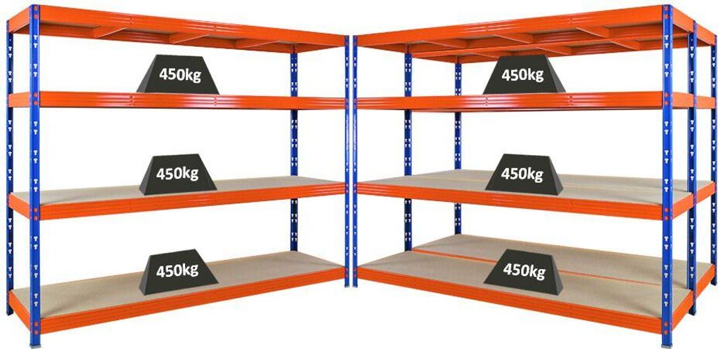 Mega Deal | 3x Profi Schwerlastregal Rhino | HxBxT 180x240x60cm | 4 Spanplatten-Ebenen 8mm | Fachlast 450kg | Blau/Orange