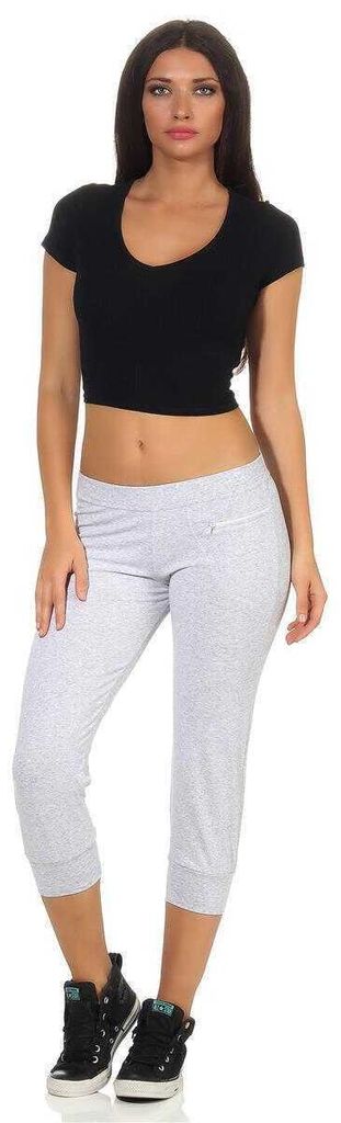 Damen Jogginhose 3/4 Sport-Hose Baumwolle mit Tasche; Grau Produktbild 