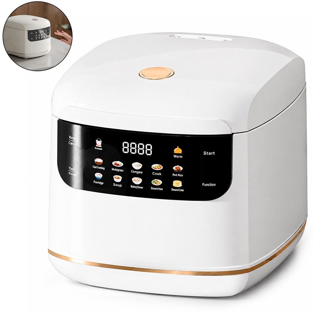 Mini Reiskocher 2L, Multifunktions Reiskocher mit 10 Programmen, Dampfgarer, 24h Timer, Warmhaltefunktion, Antihaft Topf, für kleine Küche & Sing...