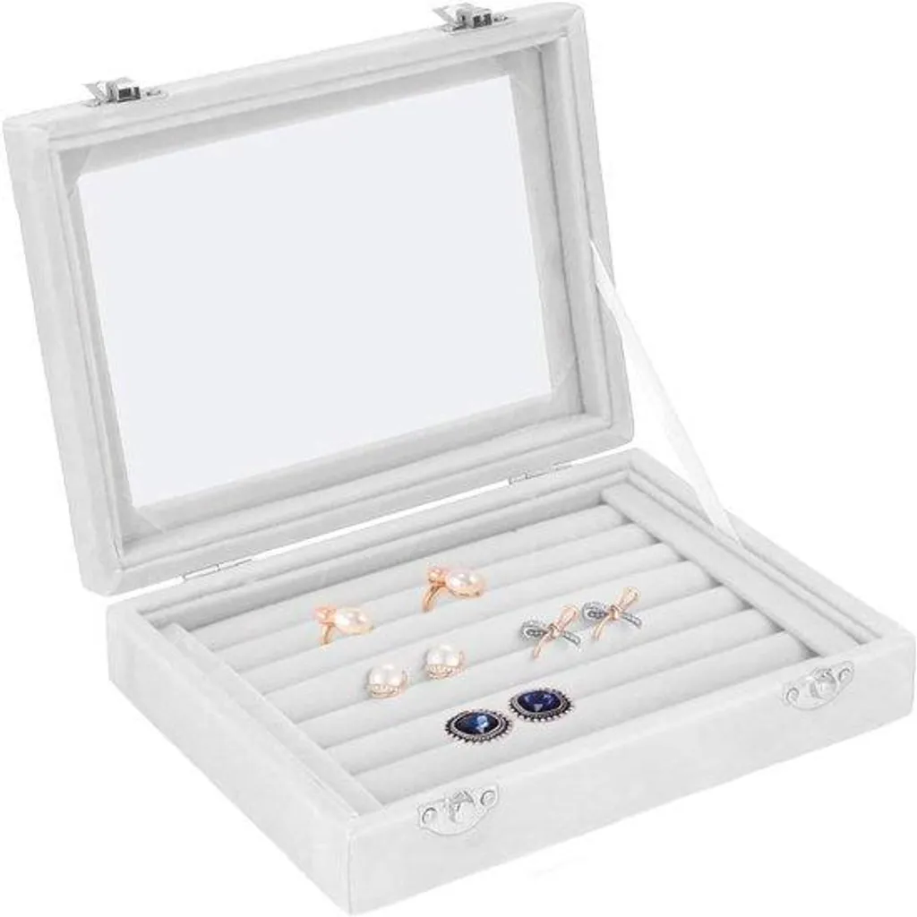 Rangement bijoux 7 compartiments blanc anti-poussière vitrine élégante