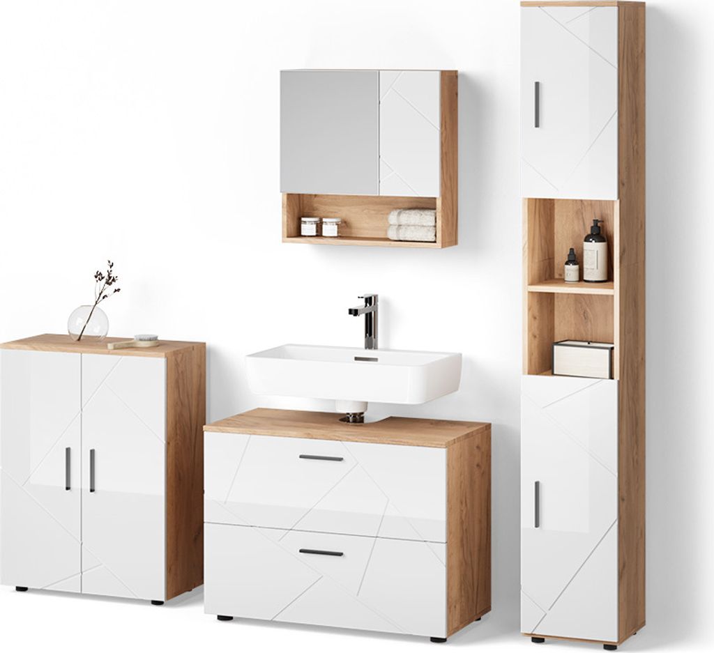 Badmöbel-Set Livinity Ronco Weiß Hochglanz/Goldkraft Eiche 4 Teile, mit Schubladenschrank und Midischrank, Model 52837