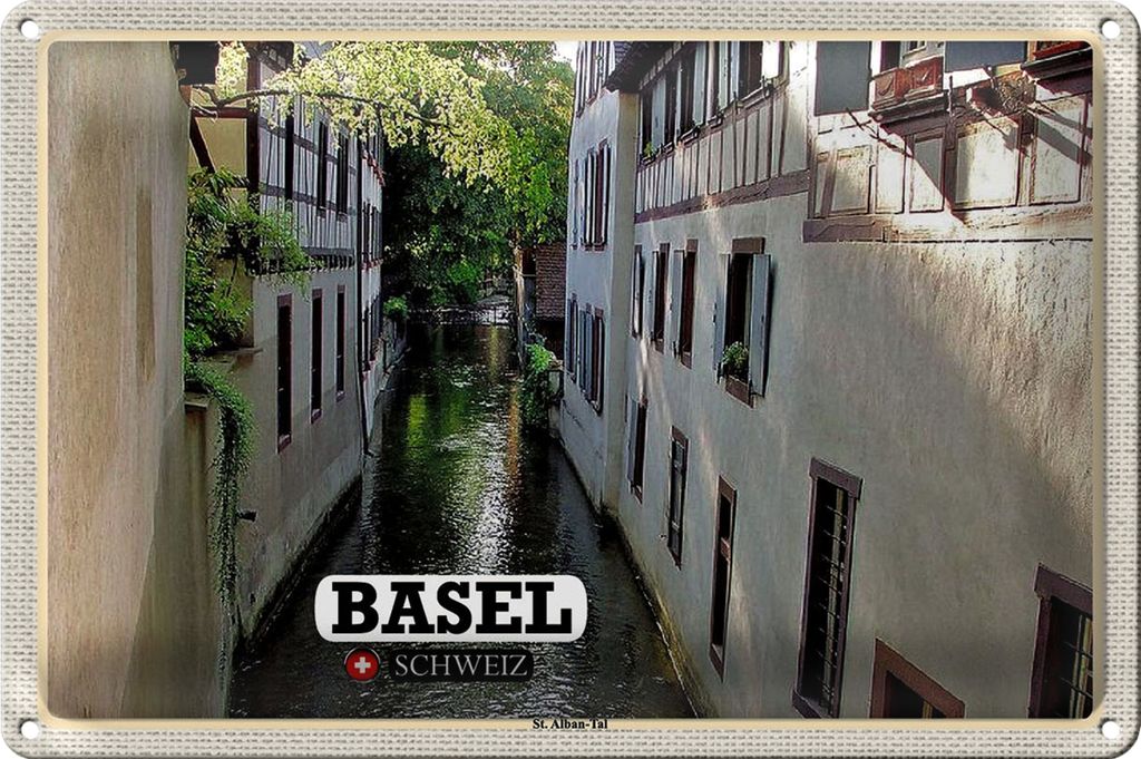 Blechschild Reise Basel Schweiz St. Alban-Tal Gebäude 30x20cm