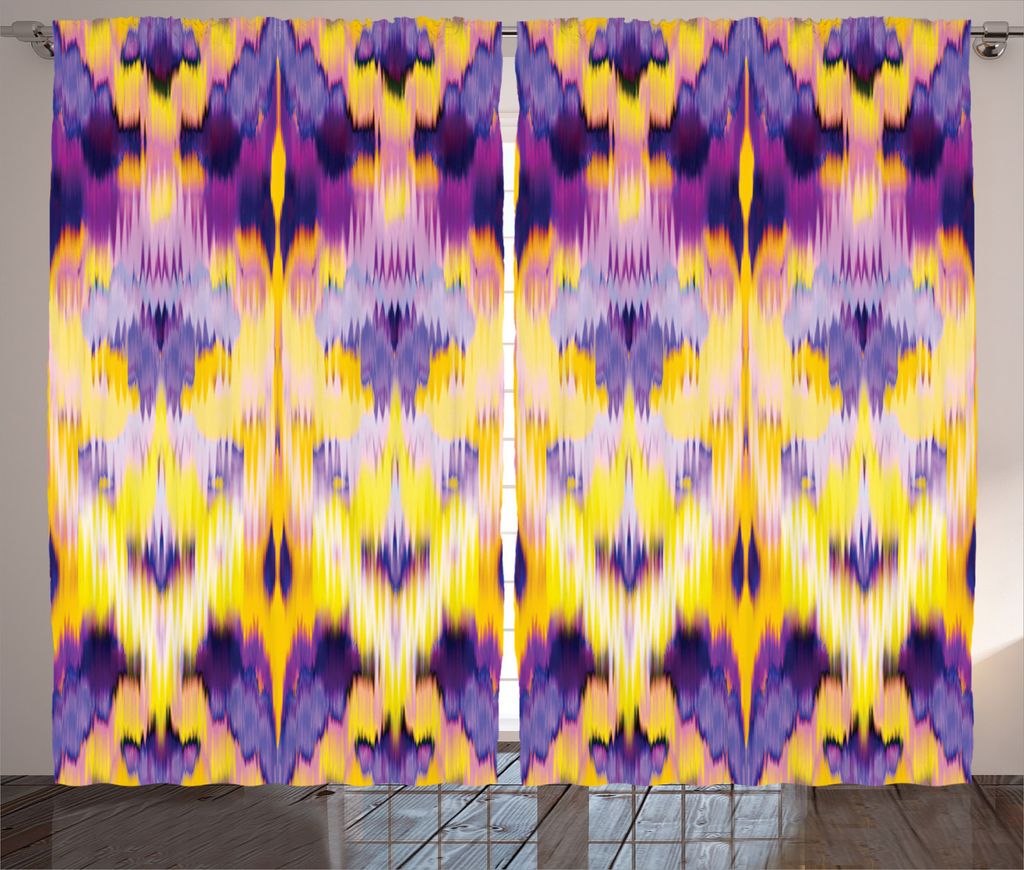 ABAKUHAUS Ikat Rustikaler Vorhang, Indonesisch Sterben Boho, Wohnzimmer Universalband Gardinen mit Schlaufen und Haken, 280 x 245 cm, Lila Gelb