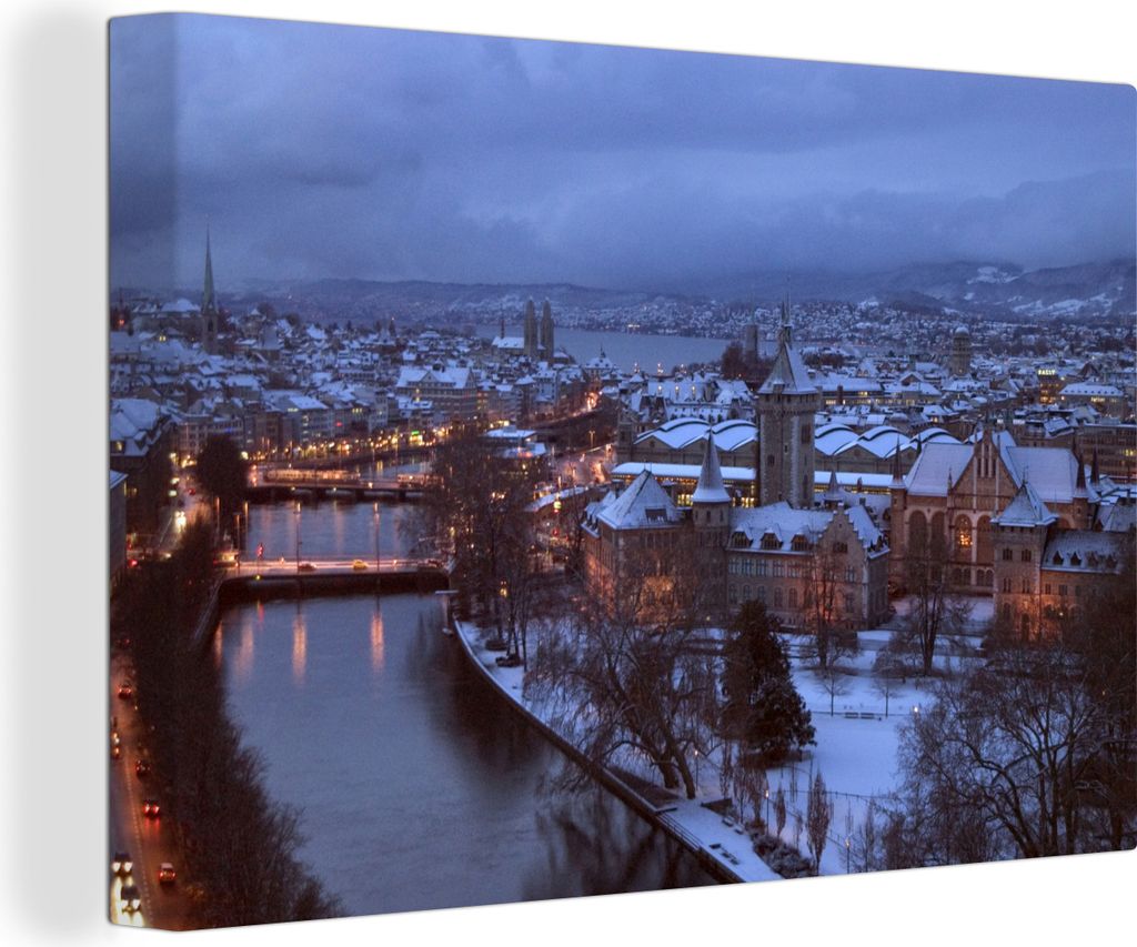 OneMillionCanvasses - Leinwandbilder - 150x100 cm, Winter in Zürich bei Nacht, Wandbilder Kunstdruck Wanddekoration
