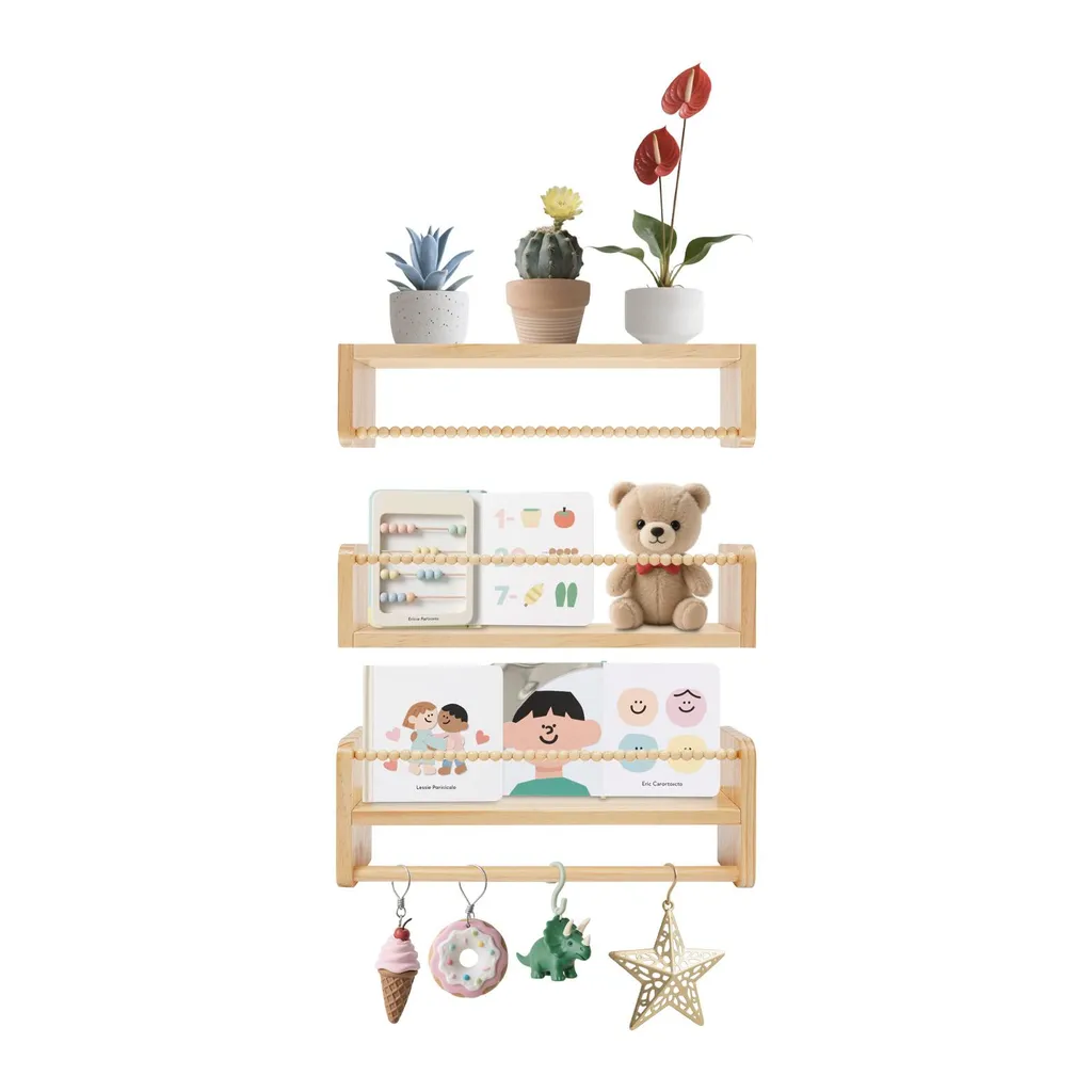 Bibliothèque Enfant 40x10x15cm avec Perles en Bois Naturel pour Chambre