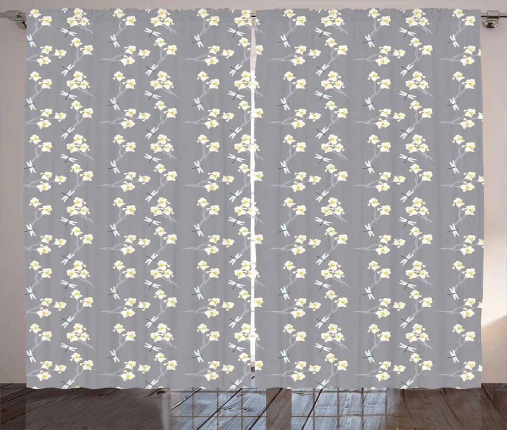 Rideau de Décoration Salon Iris Jaunes et Gris 280x225 cm avec Attaches