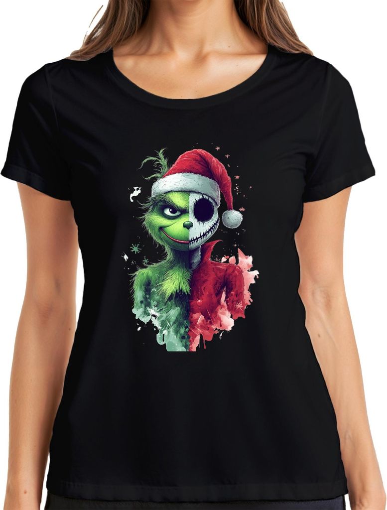 Weihnachtsgrinch Totenkopf halbes Gesicht düster Gothic Halloween Damen T-Shirt, Schwarz, S