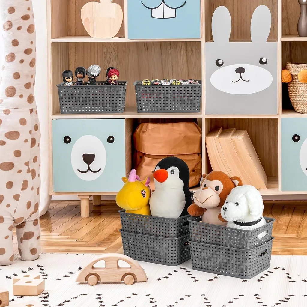 Lot de 6 Paniers de Rangement en Plastique Gris avec Poignées Robustes