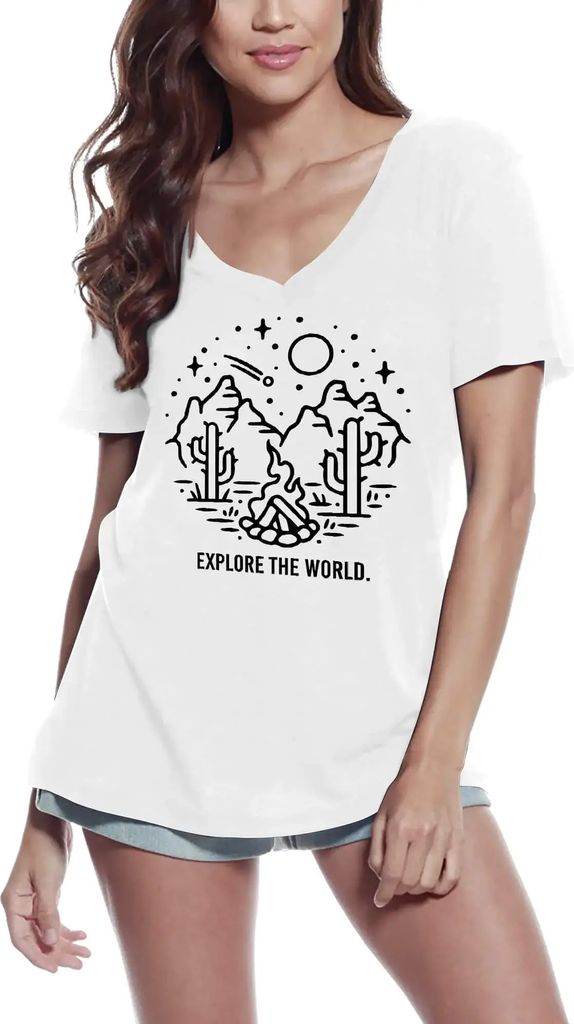 Damen Grafik T-Shirt V-Ausschnitt Abenteuer - die Welt entdecken - Camping im Freien Sommer – Adventure - Explore The World - Camping Outdoor Summer
