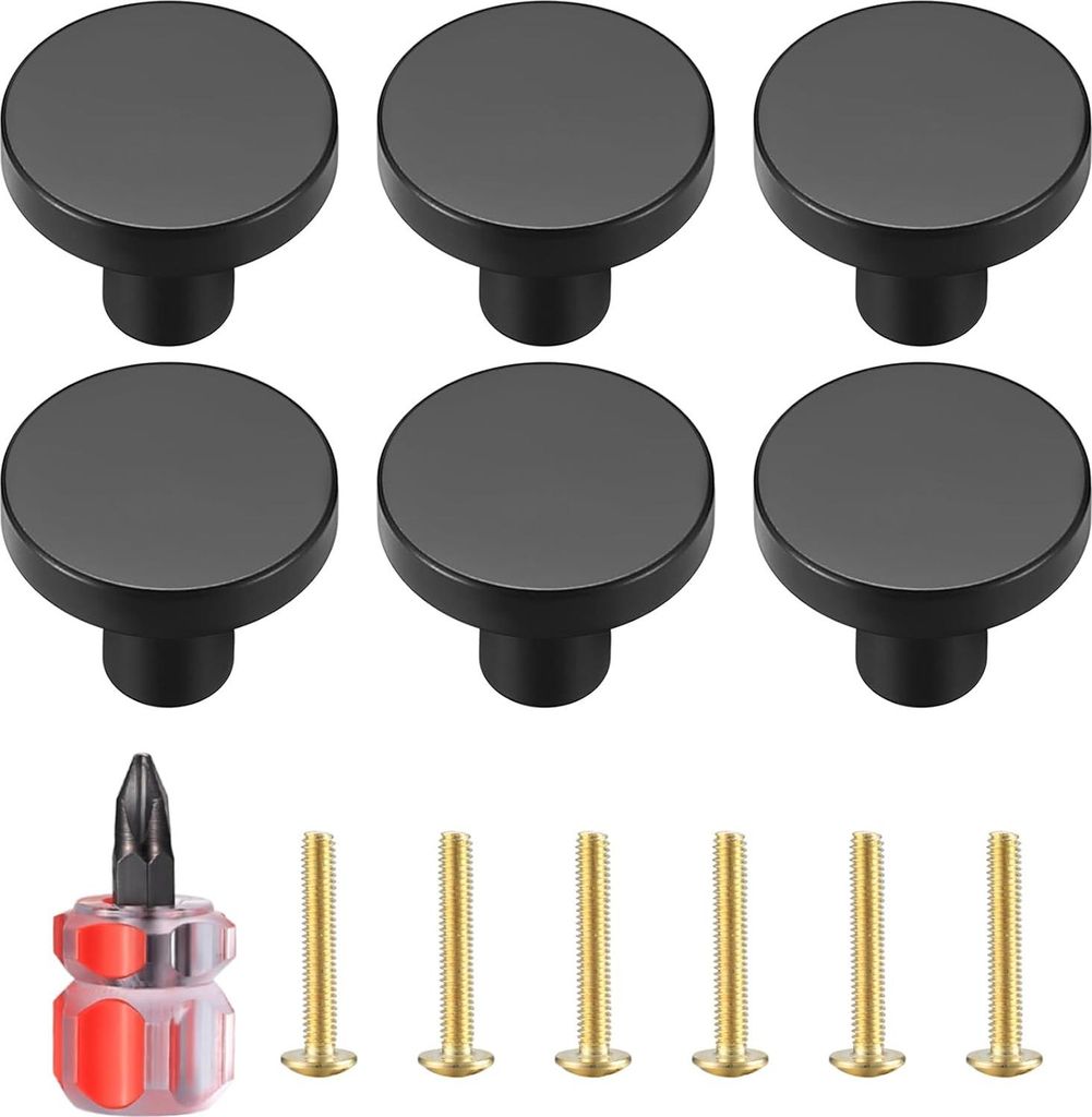 6 Stück runde Schrankknöpfe, Schwarz Messing schubladenknöpfe, Tür Küchenbeschläge Schrankknöpfe, Edelstahl Einlochgriff mit Schrauben für ...