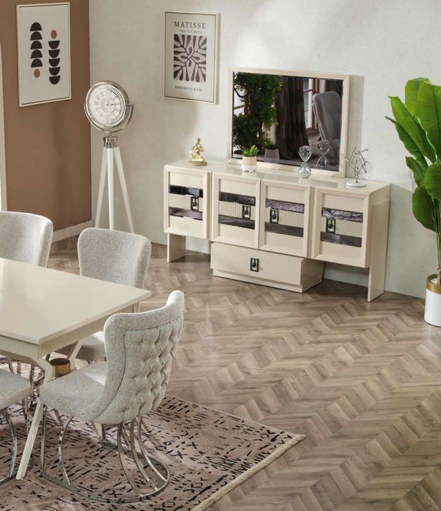 Esszimmer Set 9tlg Esstisch Modern 6x Stühle Sideboard mit Spiegel Holzmöbel