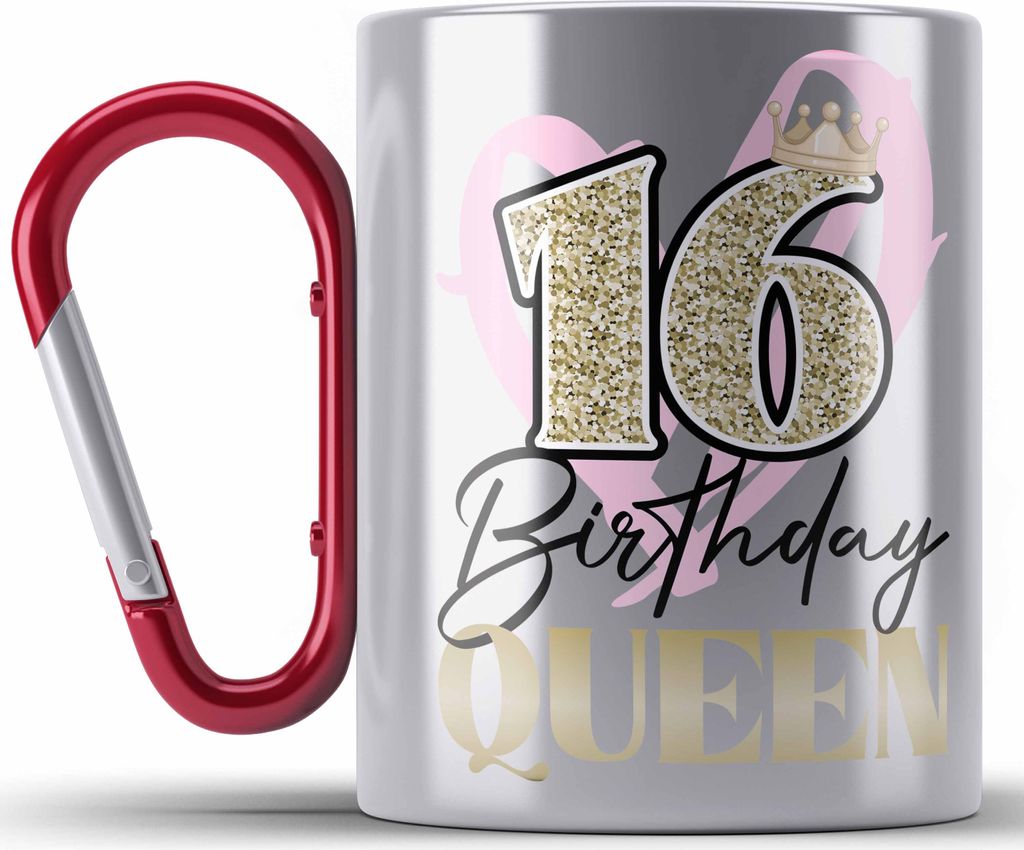 Trendation - 16. Geburtstag Edelstahl Tasse Karabiner Geschenk Mädchen Geschenkidee Lustig Spruch 16 Geschenke Geschenkideen zum 16 Bday 16er Toch...