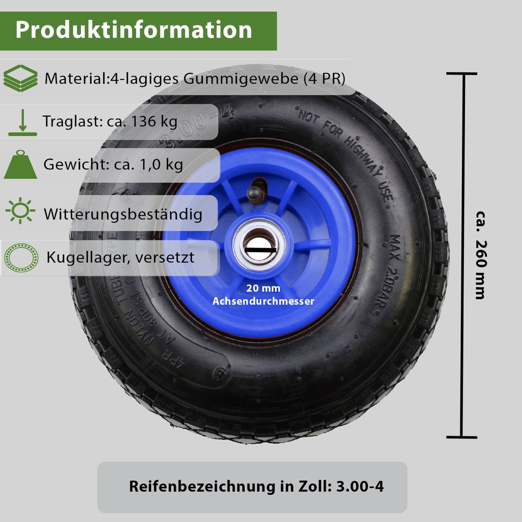 2x Sackkarrenrad 260x85 mm 3.00-4 Bollerwagenrad, Luftrad, Produktbild 4
