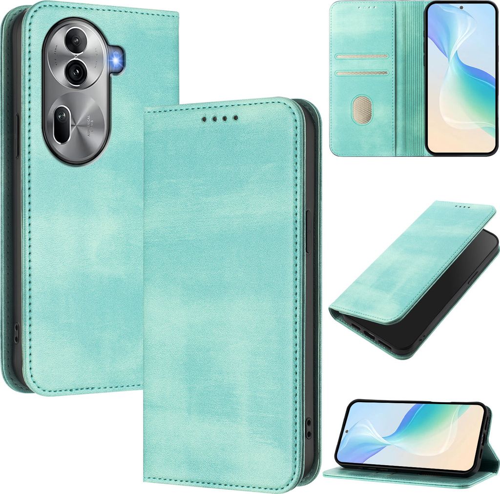 Handyhülle für Oppo Reno11 Pro, Vintage Leder RFID Schutz Kartenfach Standfunktion Magnetische Klapphülle Türkis