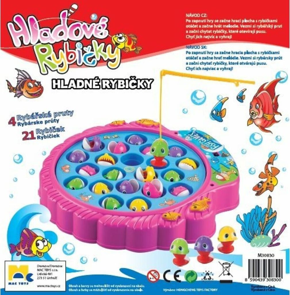 A colorful marketing image of a fishing game toy with fish.