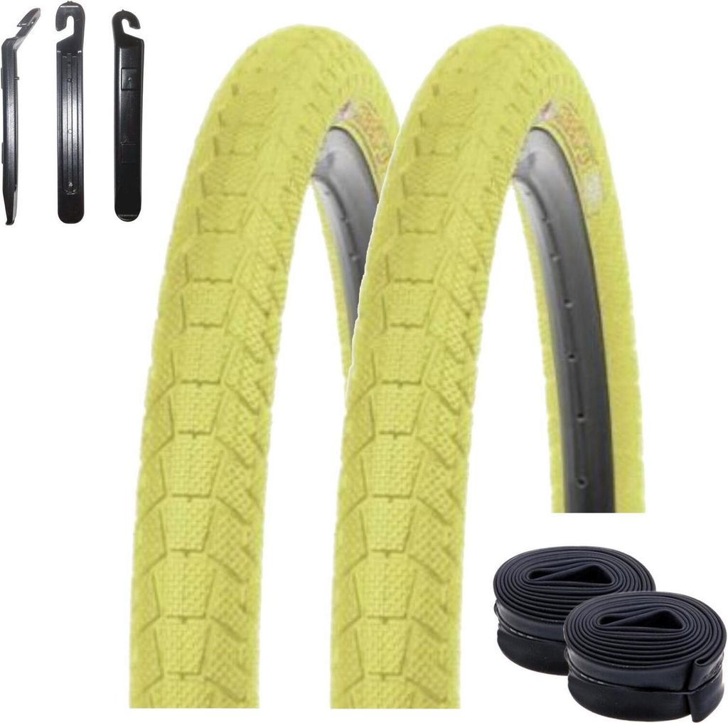 2 x Kenda K-907 Krackpot 20" BMX Fahrradreifen Fahrradmantel in Gelb 50-406 (20 x 1.95) + 2 passende Schläuche AV inkl. 3 Reifenheber