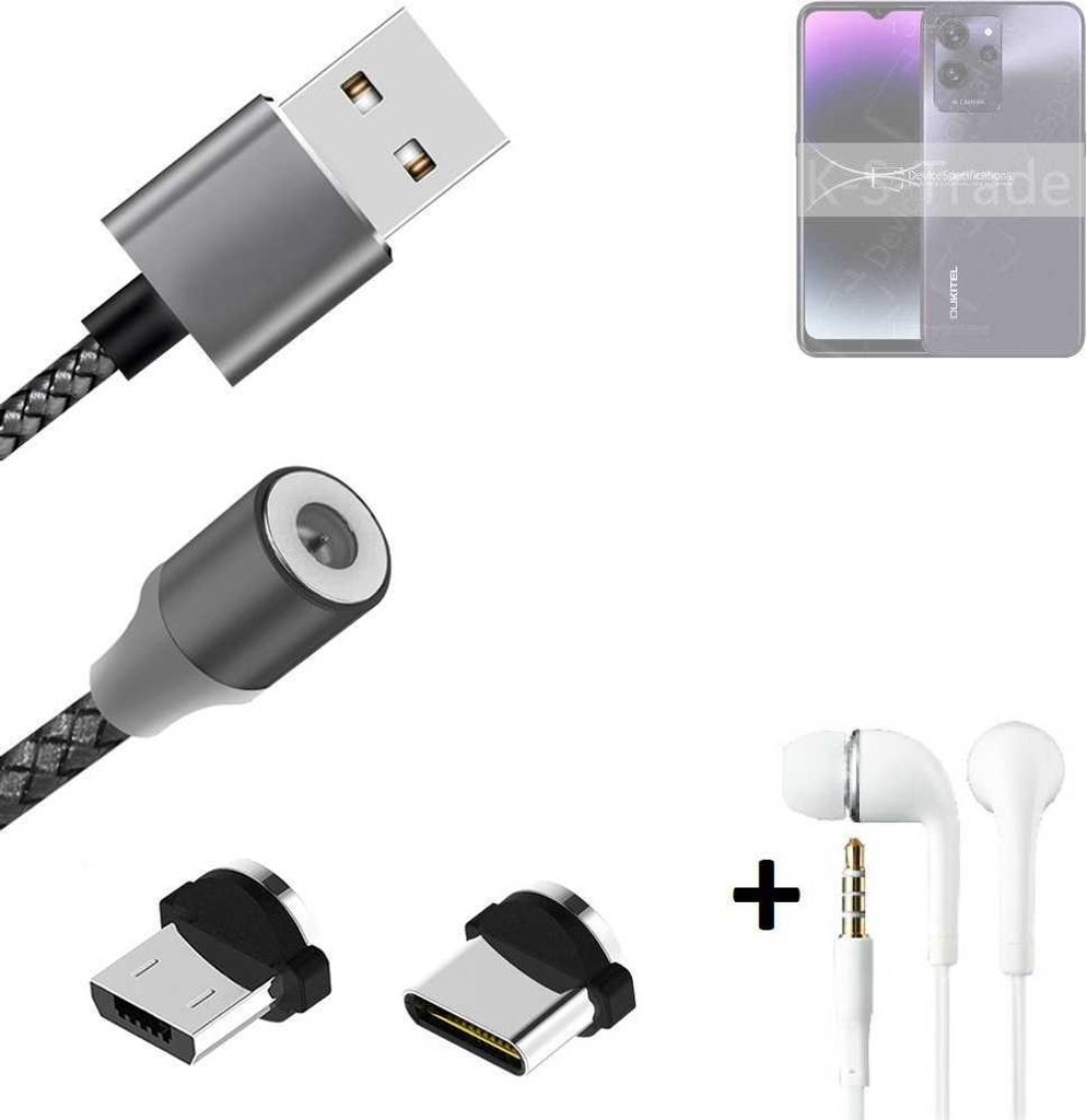 K-S-Trade Hochwertiges Magnet-Lade-kabel Sync-Kabel Daten-Kabel + Kopfhörer kompatibel mit Oukitel C32 mit USB-Typ-C-Anschluss und