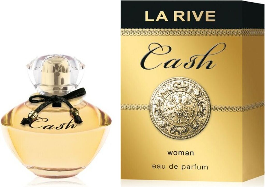 A perfume bottle and its packaging are displayed side-by-side against a white background.