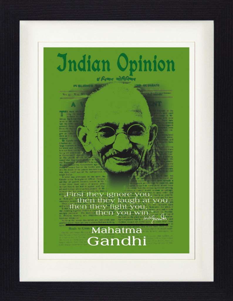 Mahatma Gandhi Gerahmtes Bild Mit Edlem Passepartout | Wand-Bilder | Im Bilderrahmen - Indian Opinion, Zuerst Ignorieren Sie Dich, Grün (40 x 30 cm)