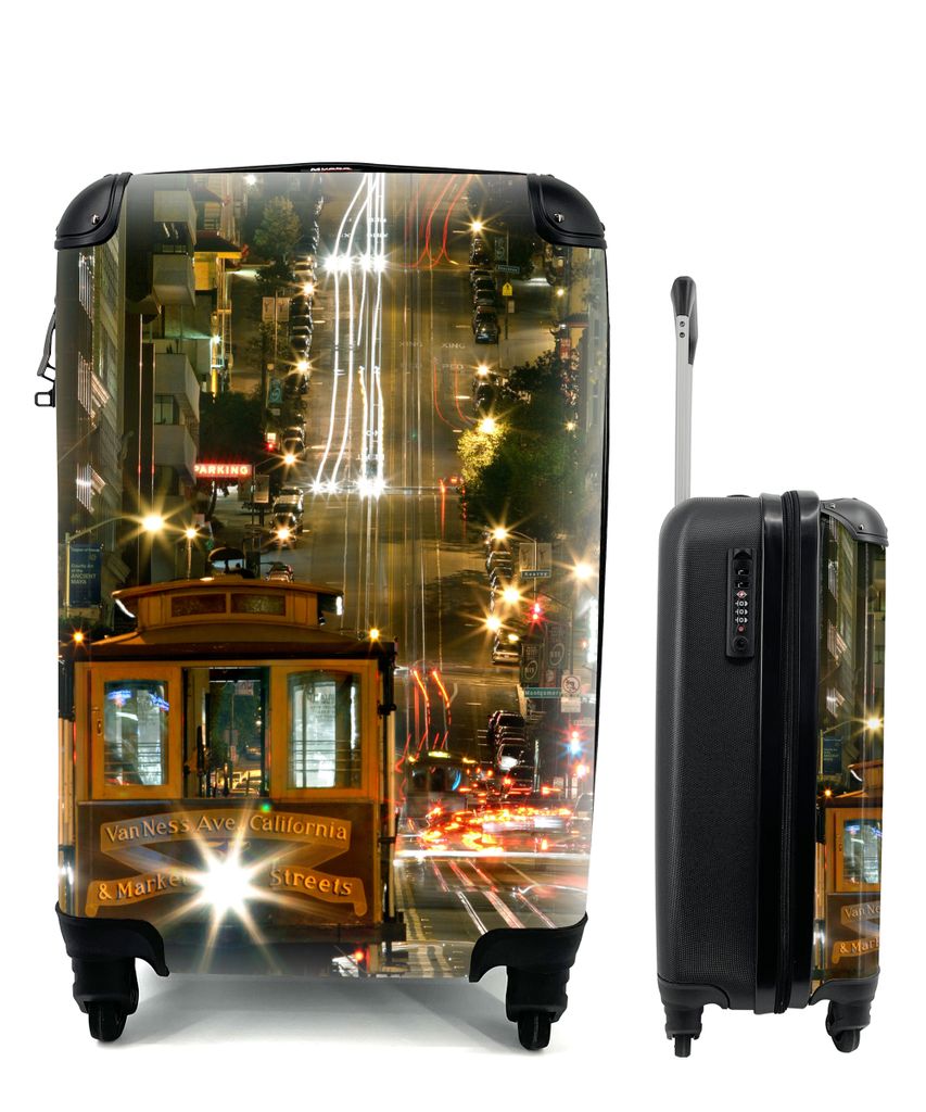 MuchoWow Koffer Handgepäck Trolley Rollkoffer Kleine Reisekoffer mit 4 Rollen - Straßenbahn in San Francisco bei Nacht - Cabin Size < 55x40x23 ...
