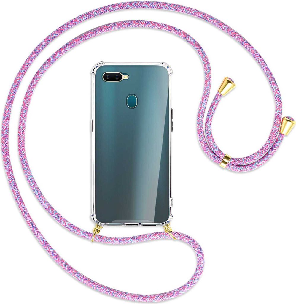 Handykette Backcover-Schutzhülle mit Band (Metall goldfarben) für Oppo A7 / AX7 - lila/rosa/blau