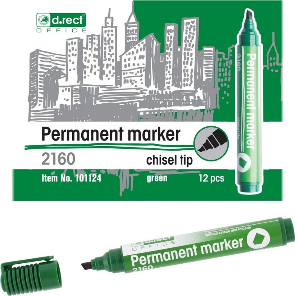 D.RECT - 2160 CT Permanentmarker | Wasserfest und Schnell-Trocknend | für Viele Oberflächen | Sichere Tinte | Grün - 12 Stück